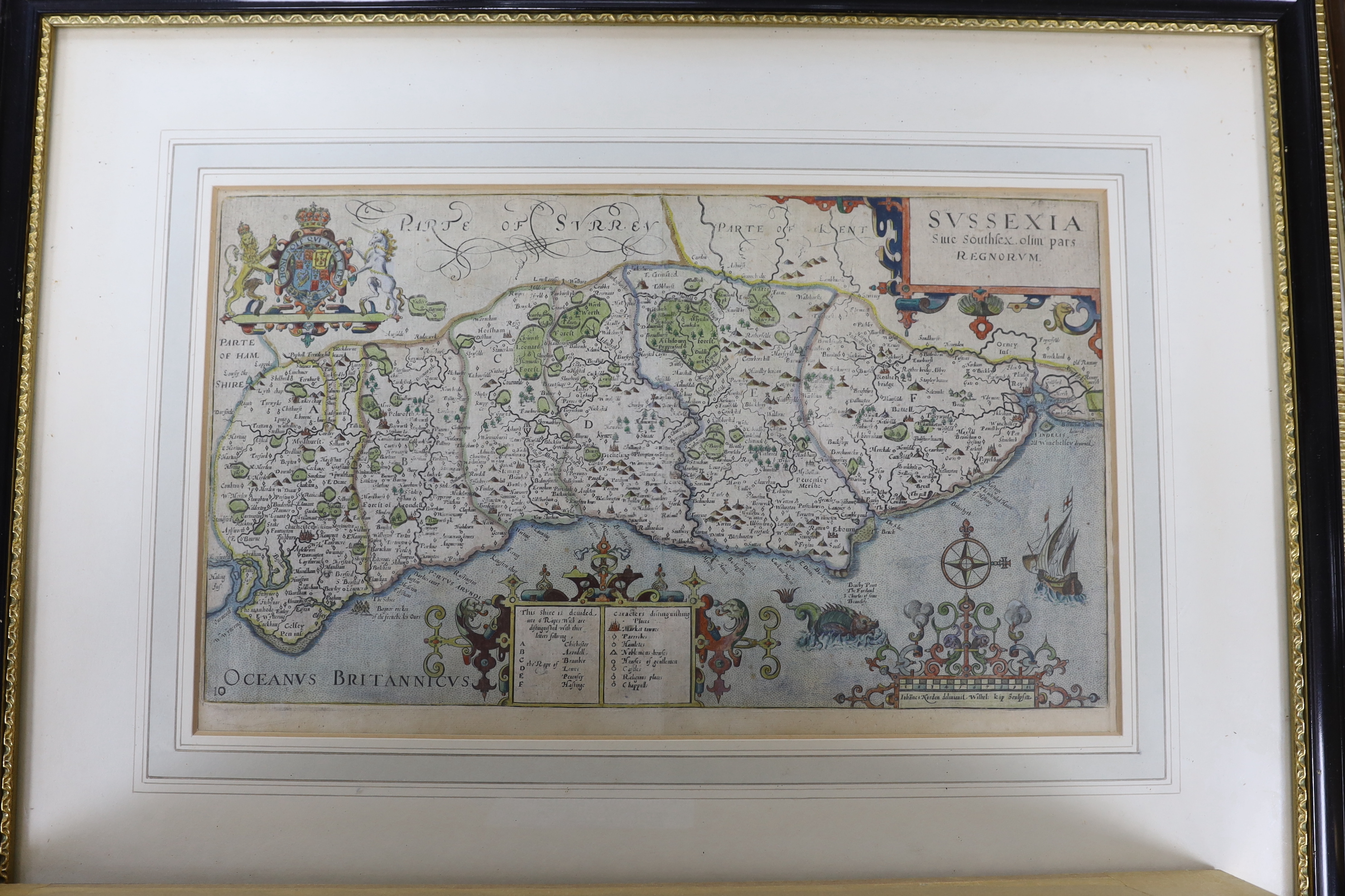 Five framed maps of Sussex, including four 18th century examples by Herman Moll, Johanes Norden, etc. largest 49 x 62cm